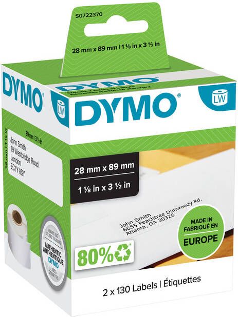 Dymo etiketten LabelWriter ft 89 x 28 mm wit 260 etiketten