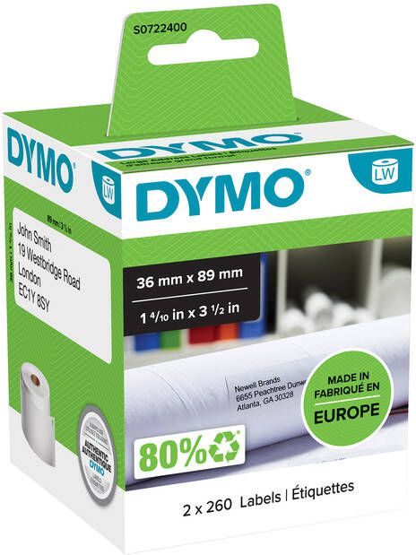 Dymo etiketten LabelWriter ft 89 x 36 mm wit 2 x 260 etiketten