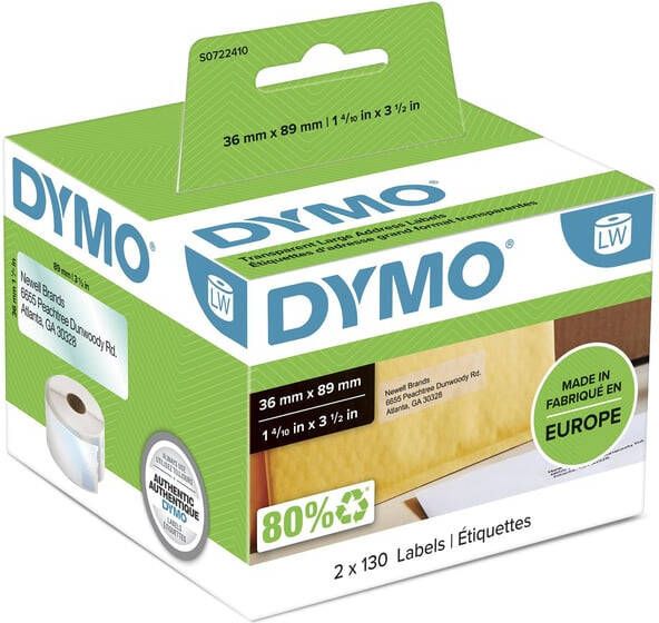 Dymo Etiket LabelWriter adressering 36x89mm 2 rollená 130 stuks transparant