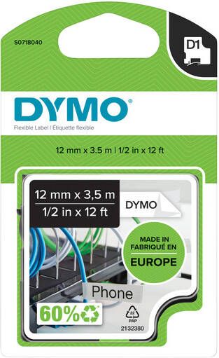 Dymo Labeltape 16953 D1 718040 12mmx3.5m nylon zwart op wit