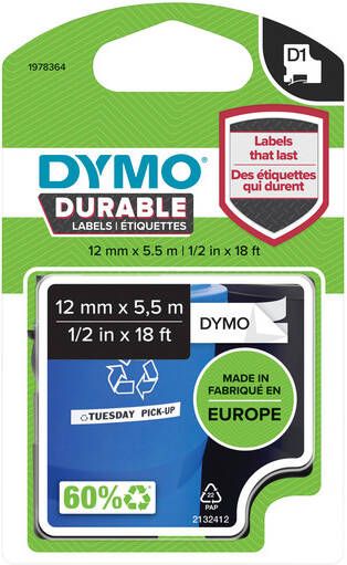 Dymo Labeltape D1 1978364 12mmx5.5m polyester zwart op wit