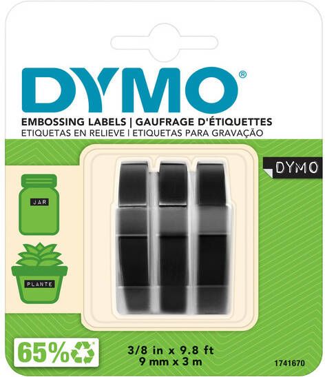 Dymo Labeltape 3D 9mmx3m wit op zwart blisterÃƒÆ 3 stuks