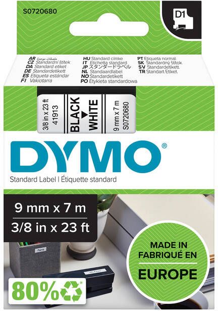 Dymo Labeltape 40913 D1 720680 9mmx7m wit op zwart