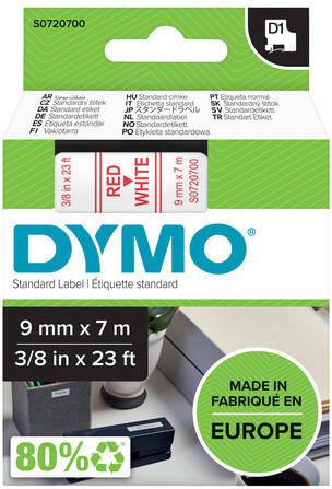Dymo Labeltape 40915 D1 720700 9mmx7m rood op wit
