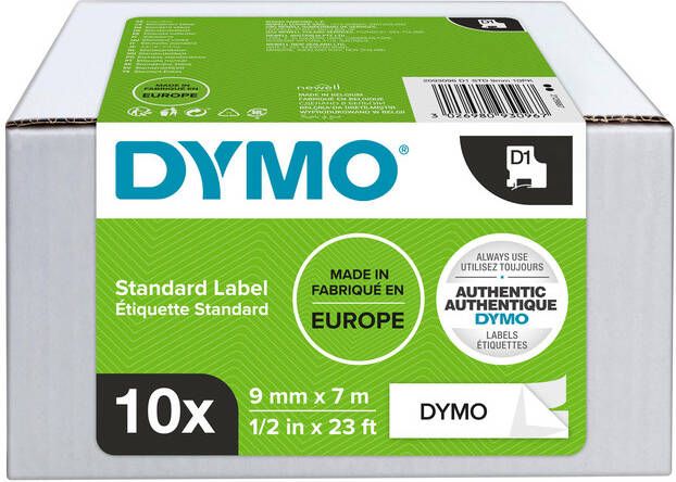 Dymo Labeltape D1 41913 9mmx7m polyester zwart op wit doos Ã  10 stuks