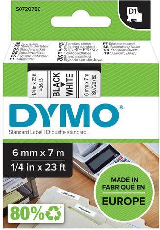 Dymo Labeltape 43613 D1 720780 6mmx7m zwart op wit