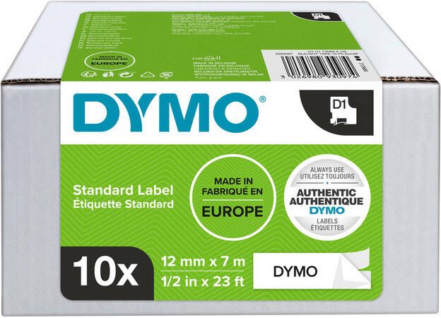 Dymo Labeltape D1 45013 12mmx7m polyester zwart op wit doos Ã  10 stuks