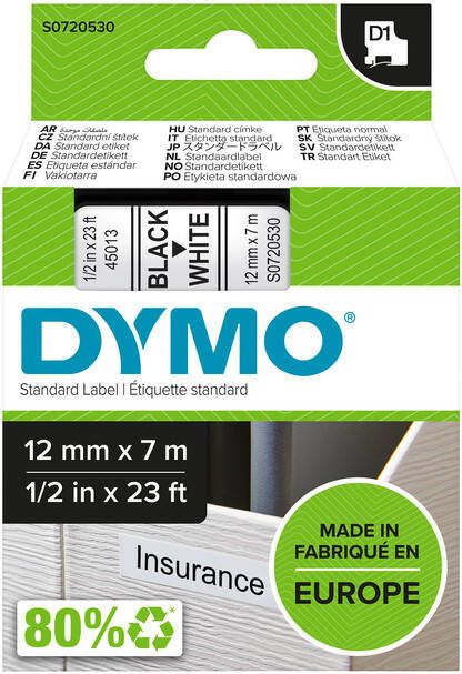 Dymo Labeltape 45013 D1 720530 12mmx7m zwart op wit