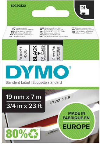 Dymo Labeltape 45800 D1 720820 19mmx7m zwart op transparant
