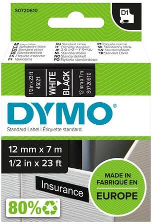 Dymo Labeltape LabelManager D1 polyester 12mmx7m wit op zwart