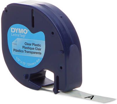 Dymo Labeltape Letratag 12267 plastic 12mm zwart op transp