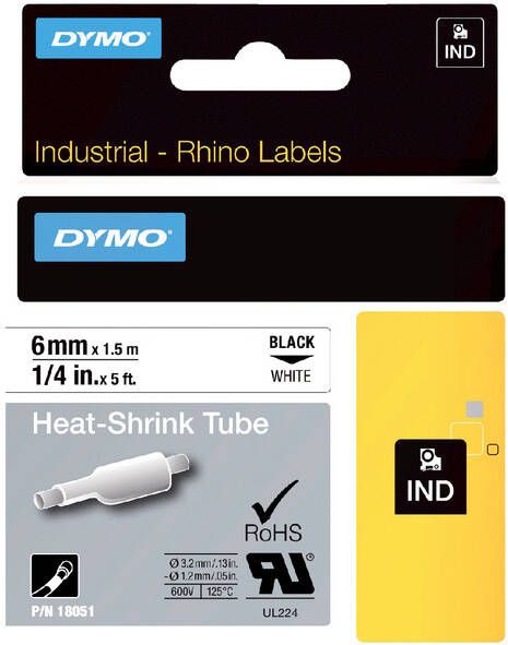 Dymo Labeltape Rhino 18051 krimpkous 6mmx1.5m zwart op wit