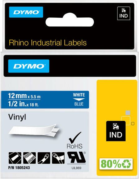 Dymo Labeltape Rhino 1805243 12mmx5.5m vinyl wit op blauw