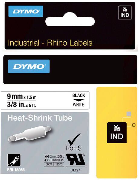 Dymo Labeltape Rhino 18053 krimpkous 9mmx1.5m zwart op wit