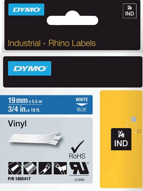 Dymo Labeltape Rhino 18054 19mmx5.5m vinyl wit op blauw
