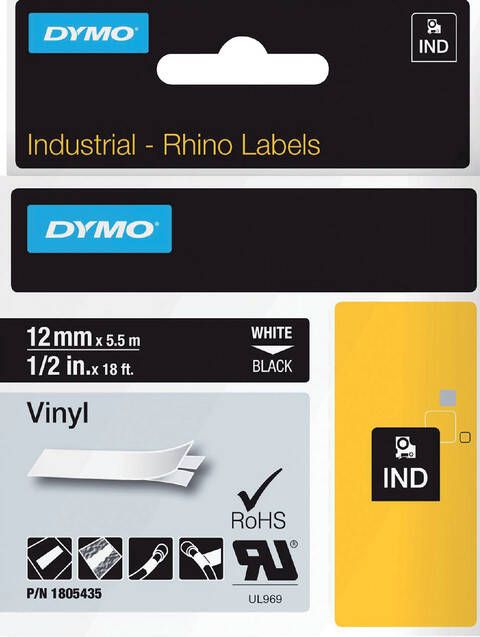 Dymo Labeltape Rhino 18054 vinyl 12mmx5.5m wit op zwart