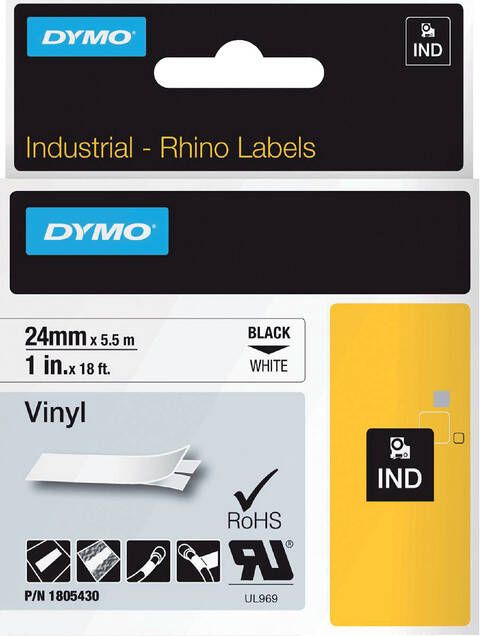 Dymo Labeltape Rhino 18054 vinyl 24mmx5.5m zwart op wit
