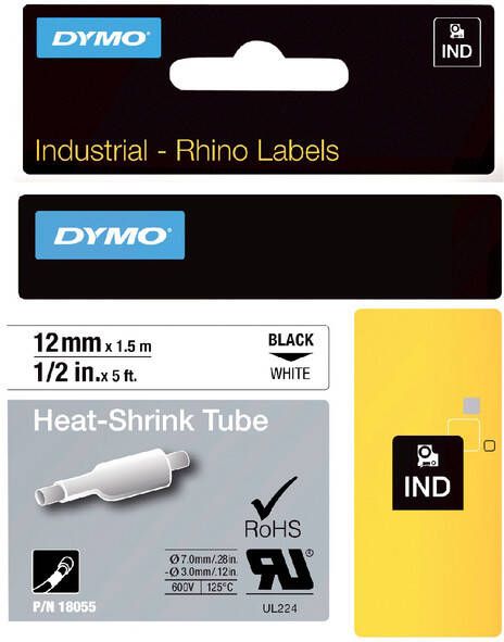 Dymo Labeltape Rhino 18055 krimpkous 12mmx1.5m zwart op wit