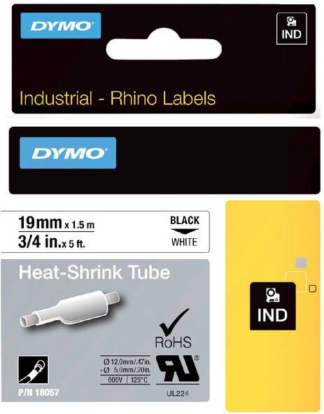 Dymo Labeltape Rhino 18057 krimpkous 19mmx1.5m zwart op wit