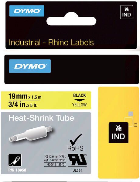 Dymo Labeltape Rhino 18058 krimpkous 19mmx1.5m zwart op gl