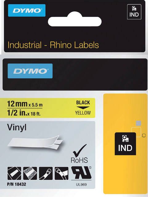 Dymo Labeltape Rhino 18432 12mmx5.5m vinyl zwart op geel