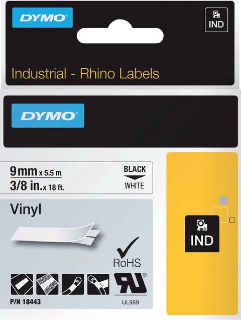 Dymo Labeltape Rhino 18443 vinyl 9mmx5.5m zwart op wit