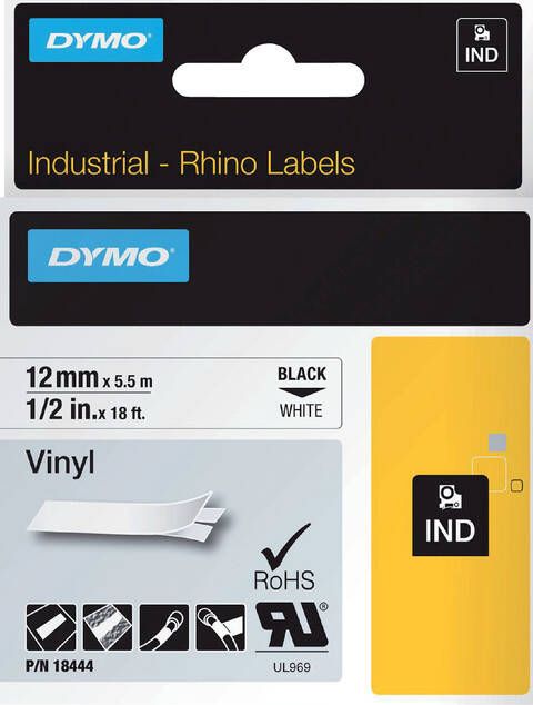 Dymo Labeltape Rhino 18444 vinyl 12mmx5.5m zwart op wit
