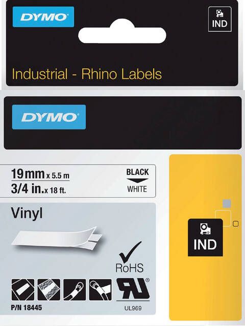 Dymo Labeltape Rhino 18445 vinyl 19mmx5.5m zwart op wit