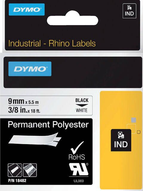 Dymo Labeltape Rhino 18482 polyester 9mmx5.5m zwart op wit