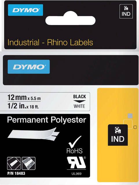 Dymo Labeltape Rhino 18483 polyester 12mmx5.5m zwart op wt