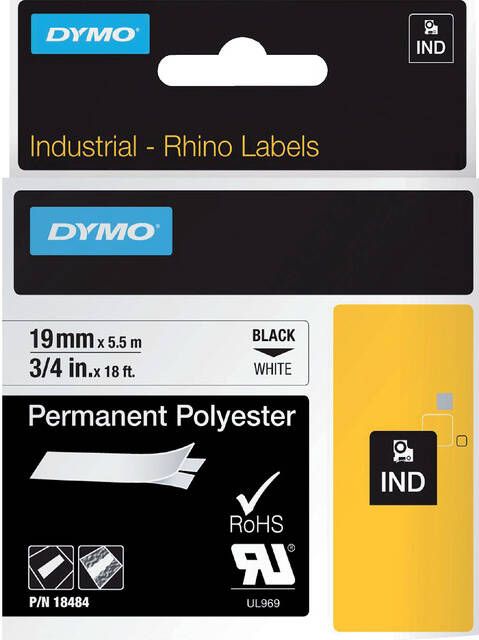 Dymo Labeltape Rhino 18484 polyester 19mmx5.5m zwart op wt