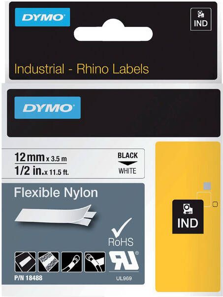 Dymo Labeltape Rhino 18488 nylon 12mmx3.5m zwart op wit