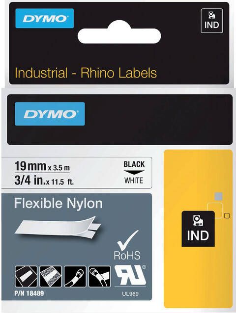 Dymo Labeltape Rhino 18489 nylon 19mmx3.5m zwart op wit
