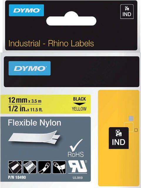 Dymo Labeltape Rhino 18490 nylon 12mmx3.5m zwart op geel
