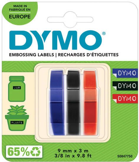 Dymo D3 tape 9 mm geassorteerde kleuren blister van 3 stuks