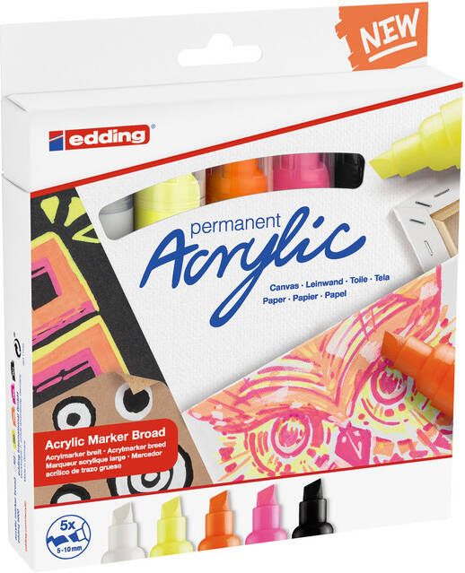Edding Acrylmarker e-5000 breed set van 5 kleuren neon