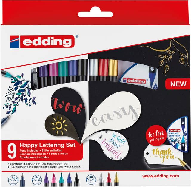Edding Brushpen 1340 Happy L ettering assorti set Ã  9 stuks