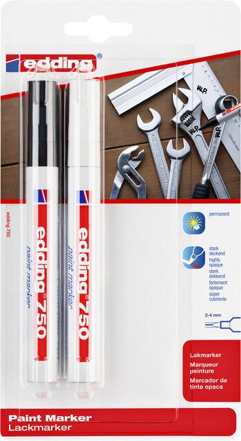 Edding Viltstift 750 lakmarker rond 2-4mm wit en zwart blister Ã  2 stuks - Foto 3
