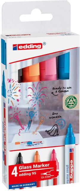 Edding Viltstift 95 glasbord rond 1.5-3mm inclusief zwart assorti setà 4 stuks - Foto 2