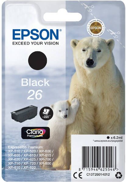 Epson Polar bear Singlepack Black 26 Claria Premium Ink (C13T26014012)