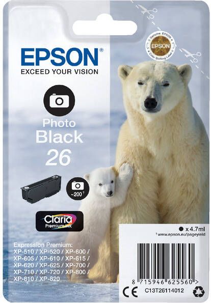 Epson Polar bear Singlepack Photo Black 26 Claria Premium Ink (C13T26114012)