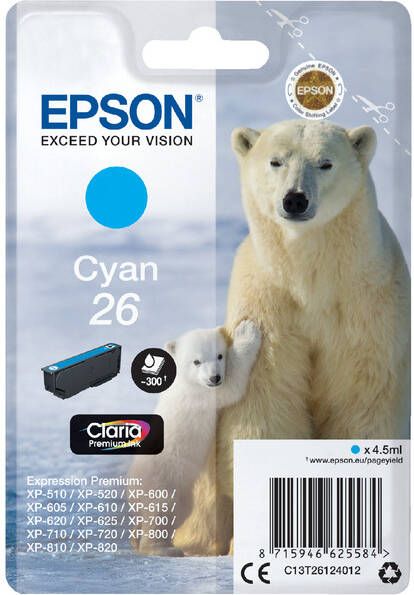 Epson Polar bear Singlepack Cyan 26 Claria Premium Ink (C13T26124012)