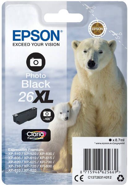 Epson Polar bear Singlepack Photo Black 26XL Claria Premium Ink (C13T26314012)