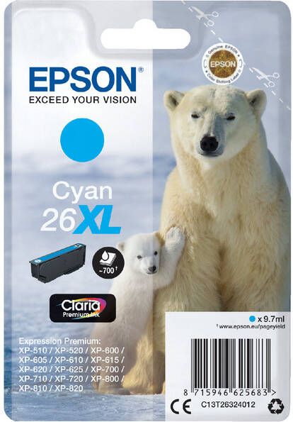 Epson Polar bear Singlepack Cyan 26XL Claria Premium Ink (C13T26324012)