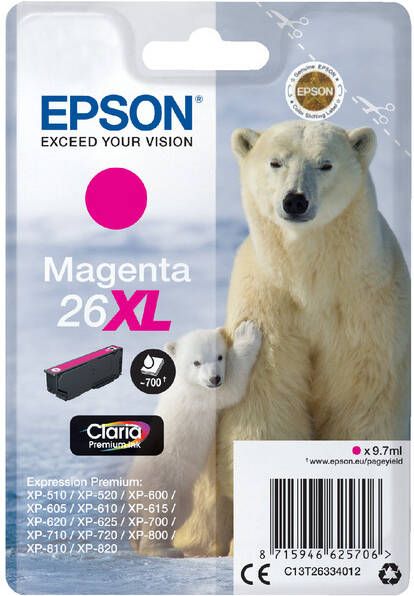 Epson Polar bear Singlepack Magenta 26XL Claria Premium Ink (C13T26334012)
