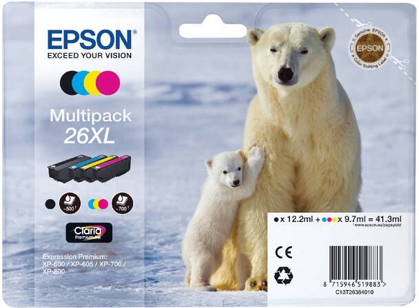 Epson inktcartridge 26XL 24 4 ml 13 8 ml OEM C13T26364010 4 kleuren