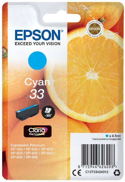 Epson Oranges Singlepack Cyan 33 Claria Premium Ink (C13T33424012)