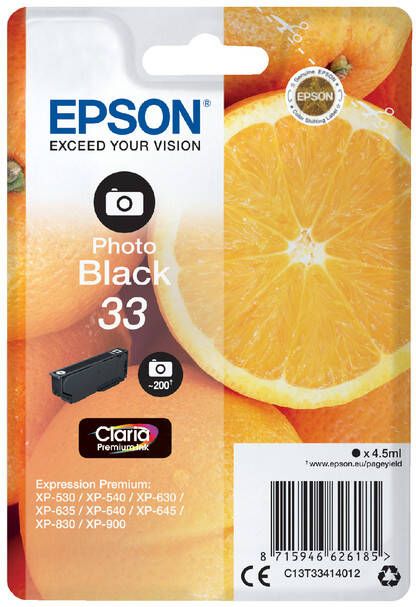Epson Oranges Singlepack Photo Black 33 Claria Premium Ink (C13T33414012)