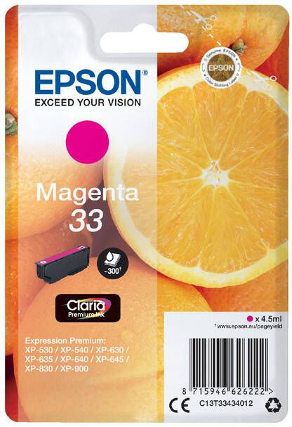 Epson Oranges Singlepack Magenta 33 Claria Premium Ink (C13T33434012)