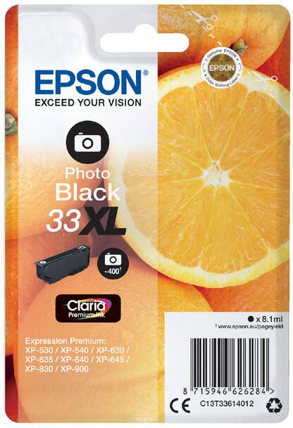 Epson Oranges Singlepack Photo Black 33XL Claria Premium Ink (C13T33614012)